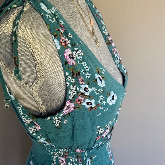 Aeropostale Green Floral Tie-Shoulder Sundress - Teal Floral Dress Size-Small - Picture 6 of 16